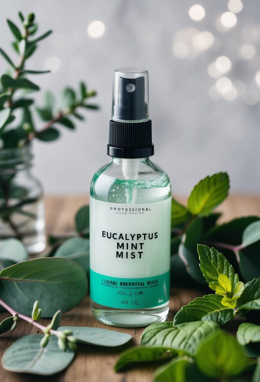 A glass bottle of Eucalyptus Mint Mist sits among fresh eucalyptus leaves and mint sprigs, with a hint of floral essential oil blends in the air