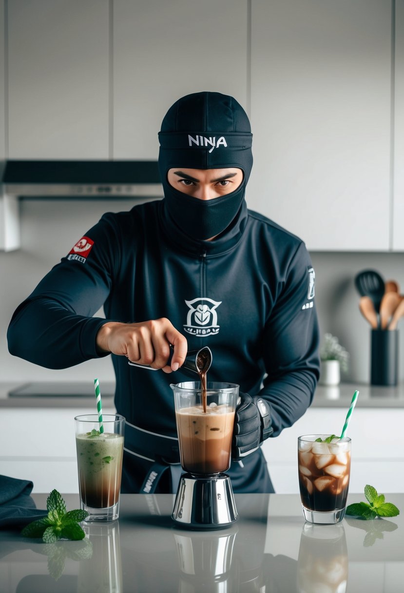 A ninja blending mint, mocha, and ice coffee in a sleek, modern kitchen