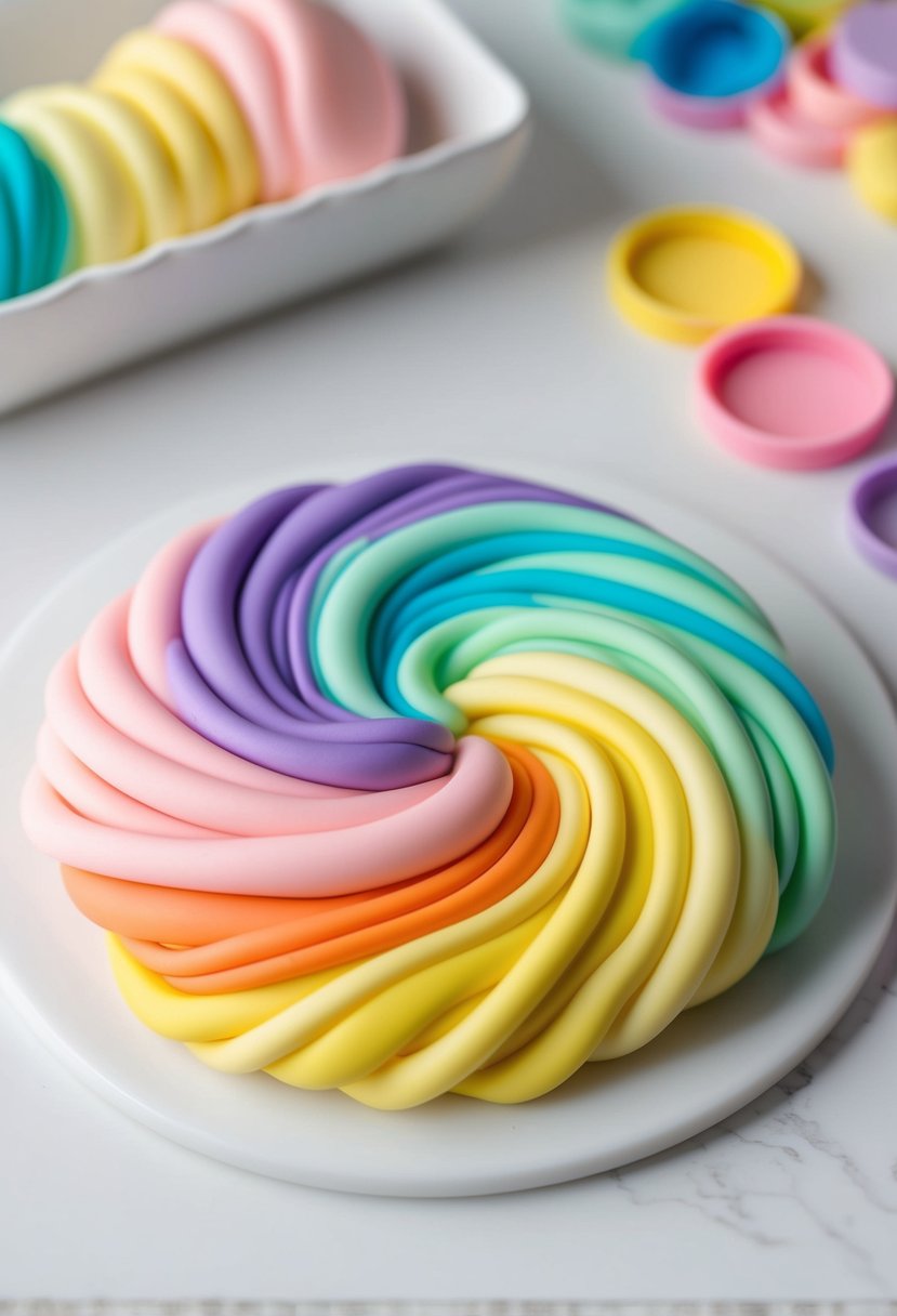 A pastel rainbow swirl of polymer clay colors mixing together on a clean white work surface