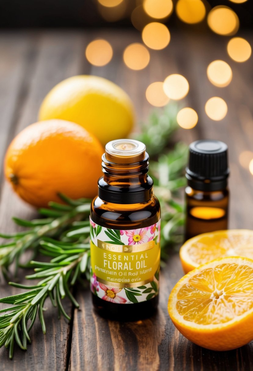 A glass bottle of floral essential oil blend surrounded by fresh rosemary and citrus fruits on a wooden table