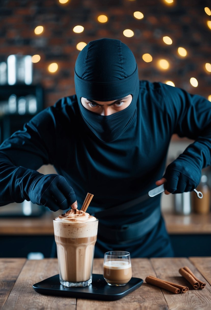 A ninja stealthily prepares a Cinnamon Dolce Frappe ice coffee with precision and focus