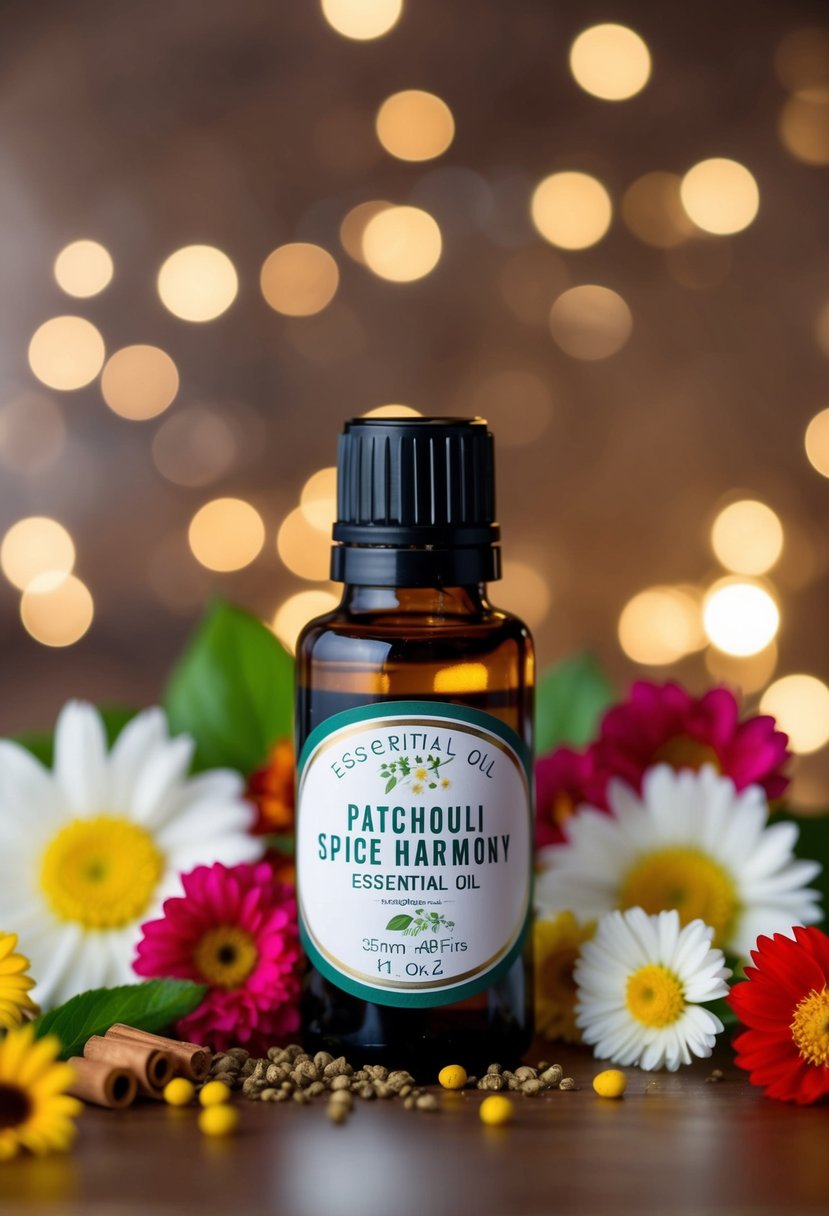 A glass bottle of Patchouli Spice Harmony essential oil surrounded by blooming floral ingredients