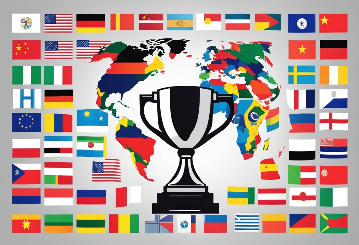 A trophy surrounded by flags from various countries, with a world map in the background