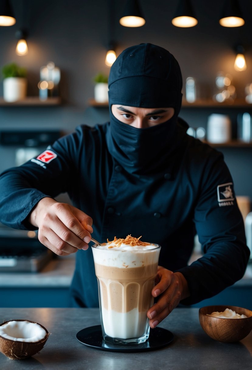 A ninja coconut iced latte being prepared with a dramatic and stealthy flair