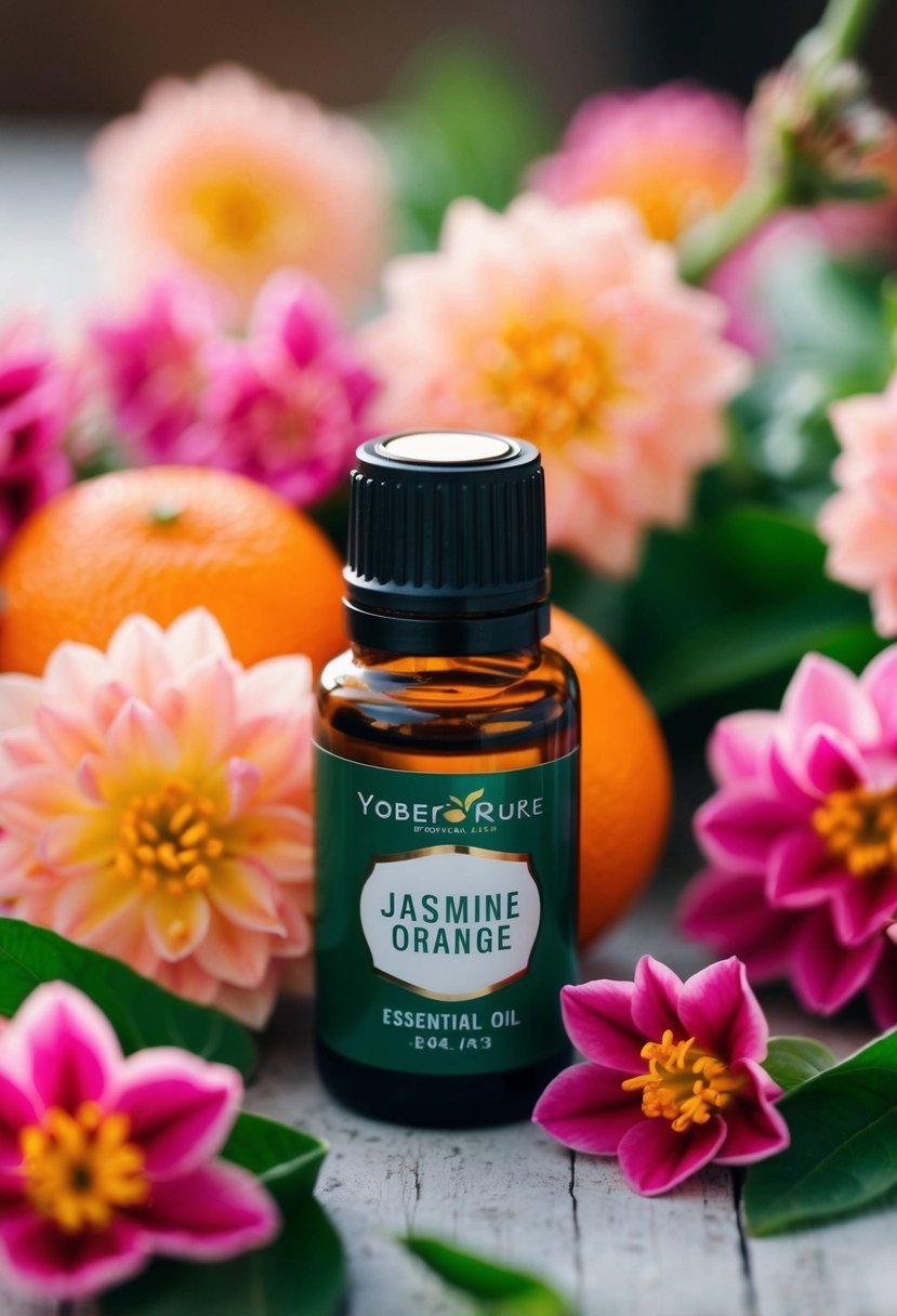 A glass bottle of jasmine orange essential oil surrounded by blooming flowers