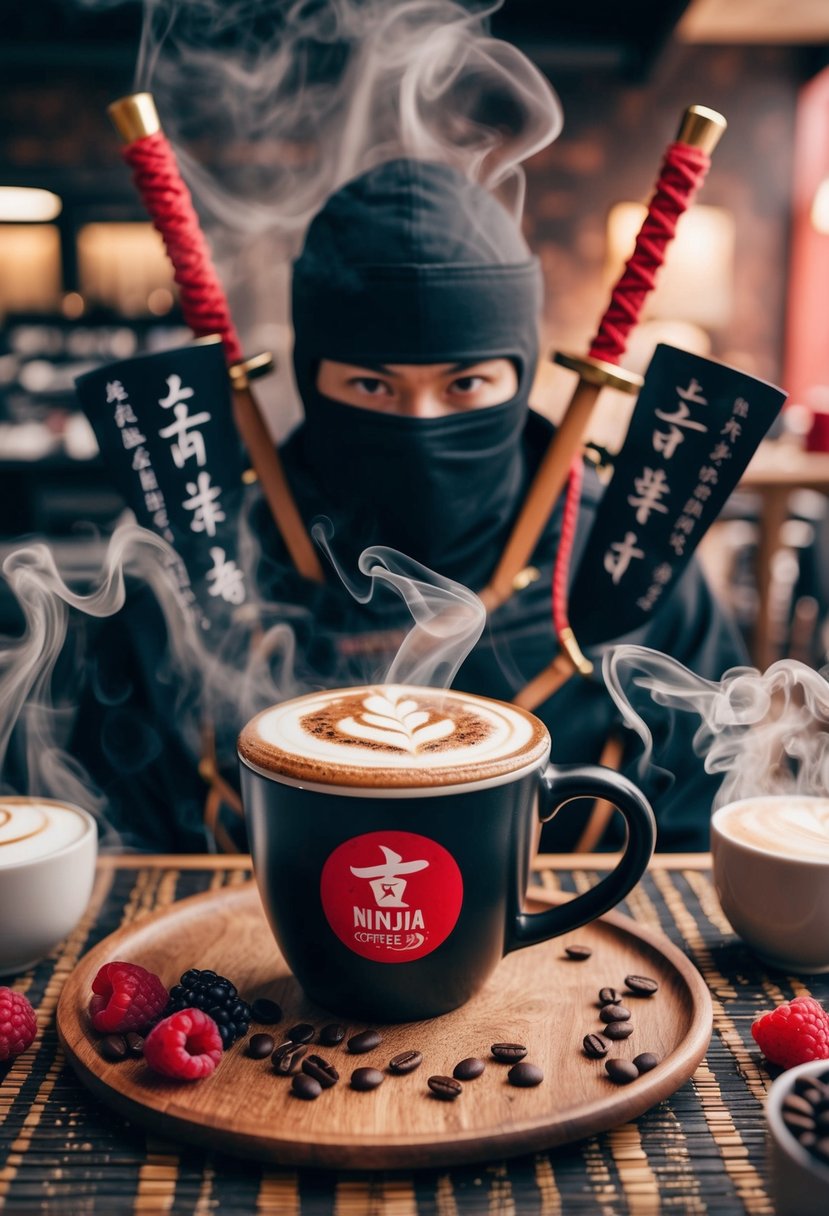 A ninja-themed coffee shop with mocha and raspberry ingredients, surrounded by swirling mist and shuriken decorations