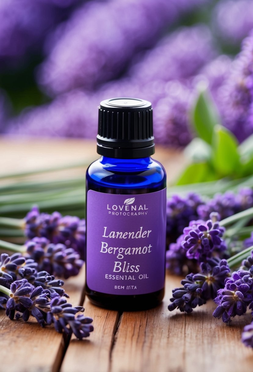 A glass bottle of Lavender Bergamot Bliss essential oil sits on a wooden table surrounded by fresh lavender and bergamot flowers