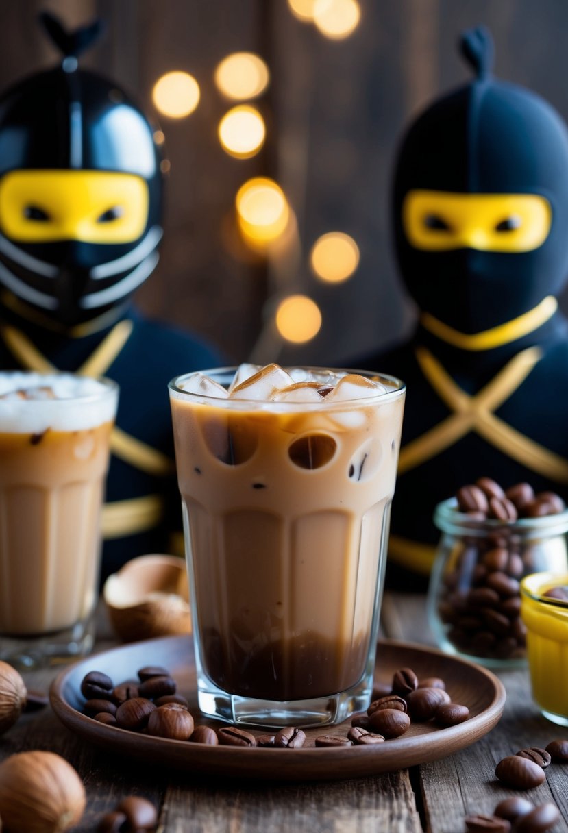 A glass of iced hazelnut coffee surrounded by ninja-themed decor and ingredients