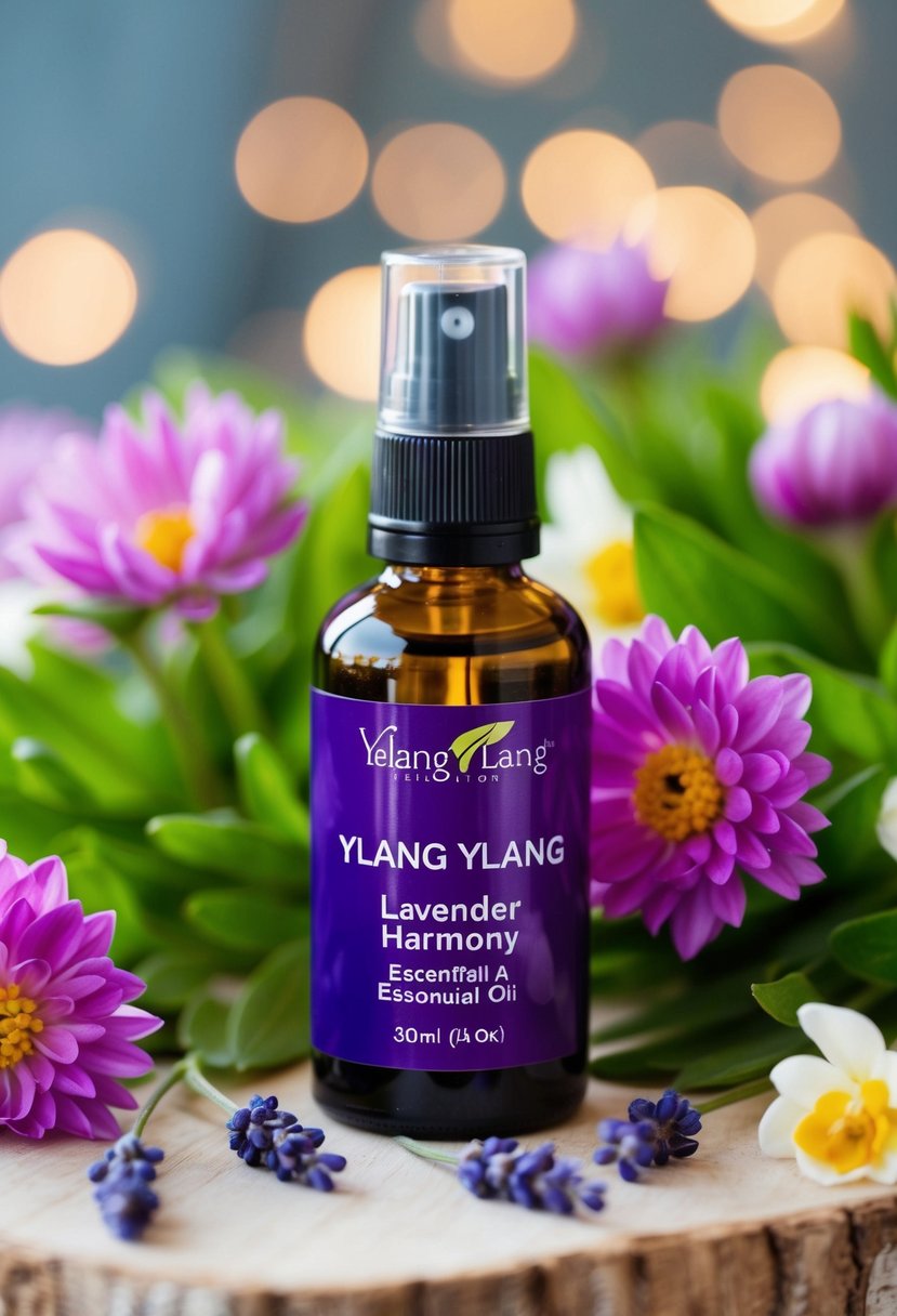 A glass bottle of Ylang Ylang Lavender Harmony essential oil blend surrounded by fresh blooming flowers