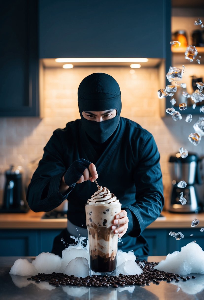 A ninja stealthily prepares a Java Chip Frappe in a dimly lit kitchen, surrounded by swirling clouds of ice and coffee beans