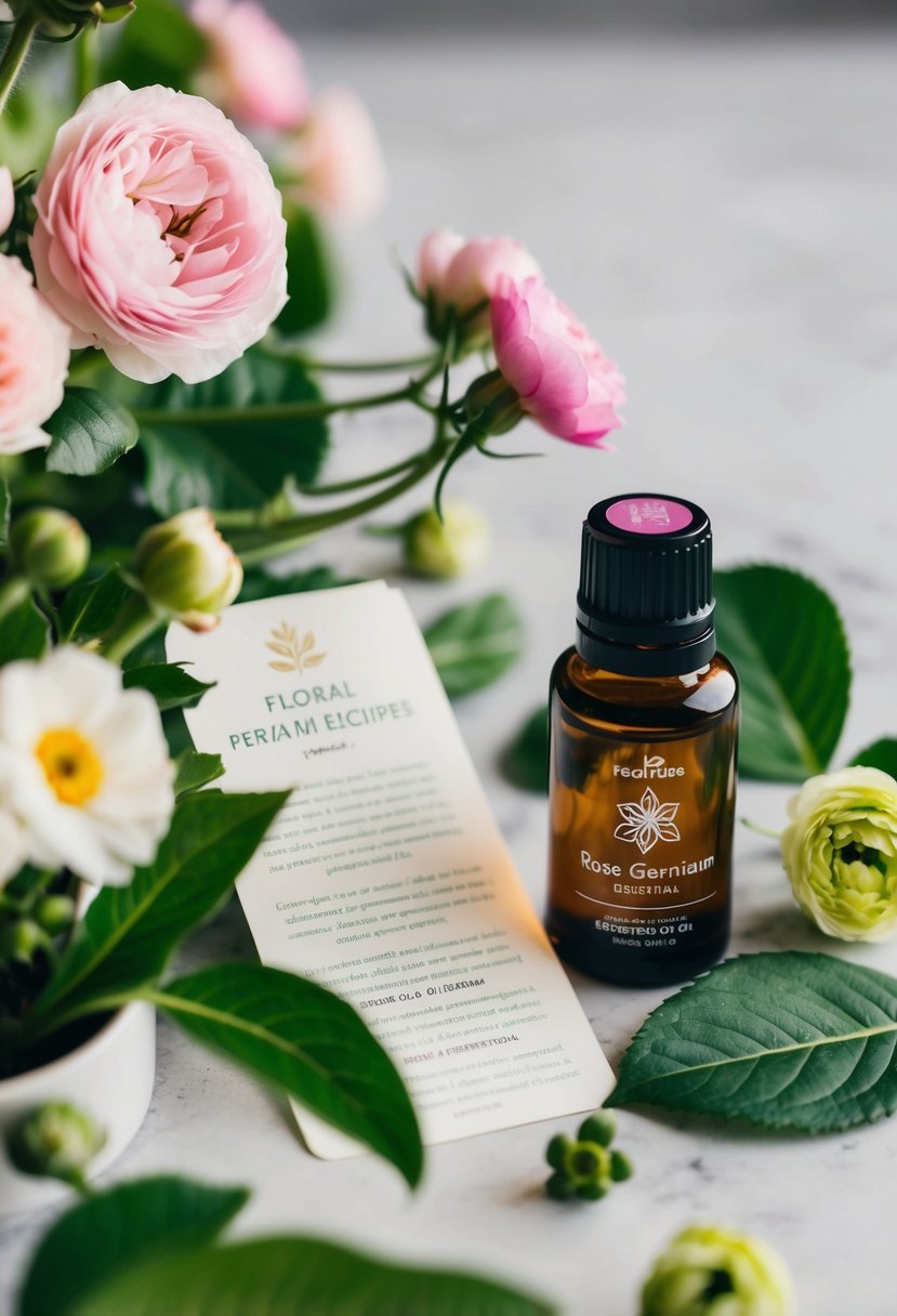 A glass bottle of rose geranium essential oil sits next to a delicate whisper of floral perfume recipes, surrounded by fresh flowers and green leaves