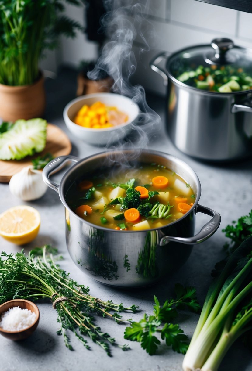 A pot of steaming vegetable soup surrounded by fresh ingredients and herbs on a kitchen counter