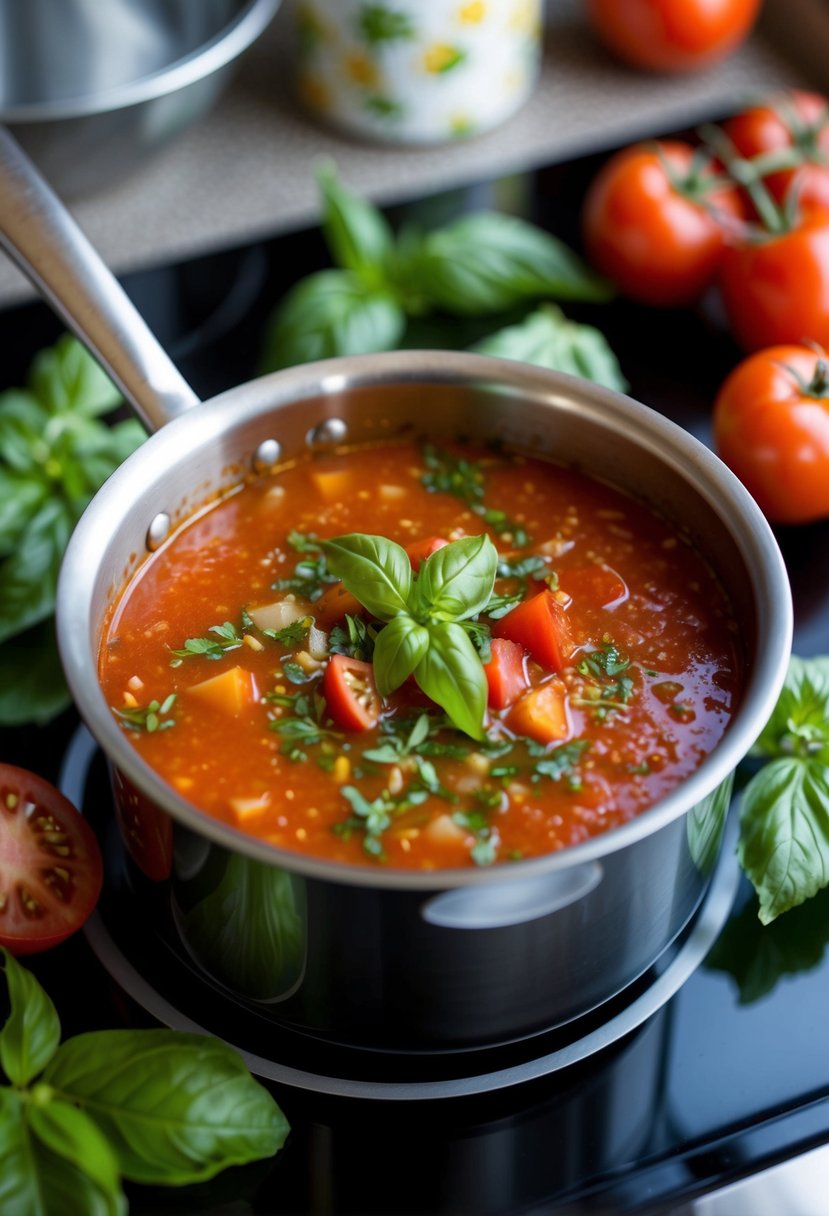 A pot of tomato basil soup simmering on a stovetop, surrounded by fresh basil leaves, tomatoes, and other ingredients