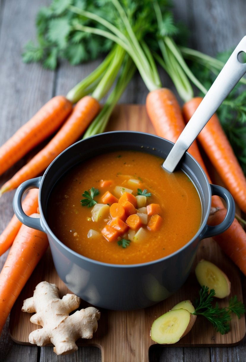 A pot of simmering carrot ginger soup surrounded by fresh carrots and ginger, with a ladle resting on the edge