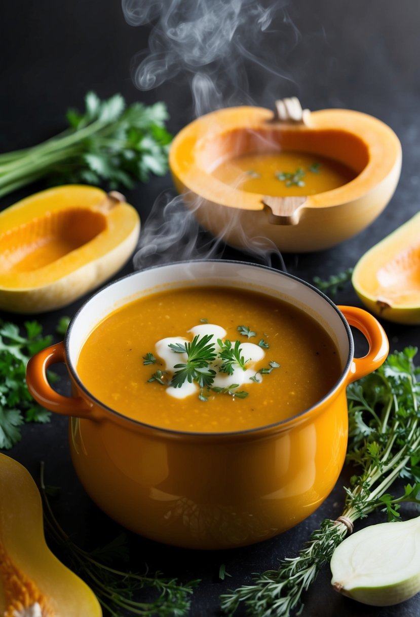 A steaming pot of butternut squash soup surrounded by fresh herbs and vegetables