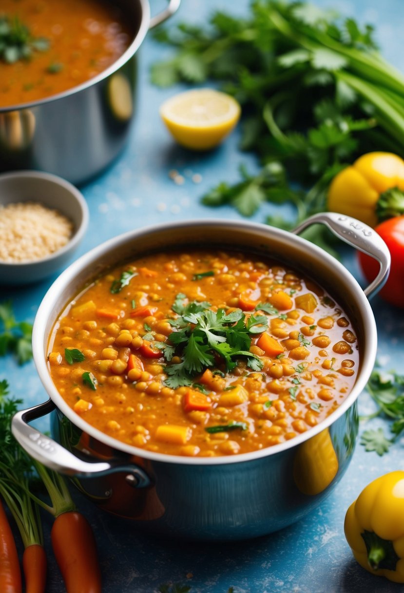 A steaming pot of curried red lentil soup surrounded by vibrant vegetables and herbs