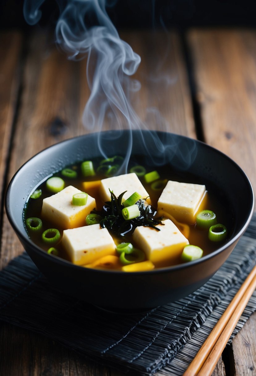 A steaming bowl of miso soup with cubes of tofu, garnished with green onions and seaweed, sits on a rustic wooden table