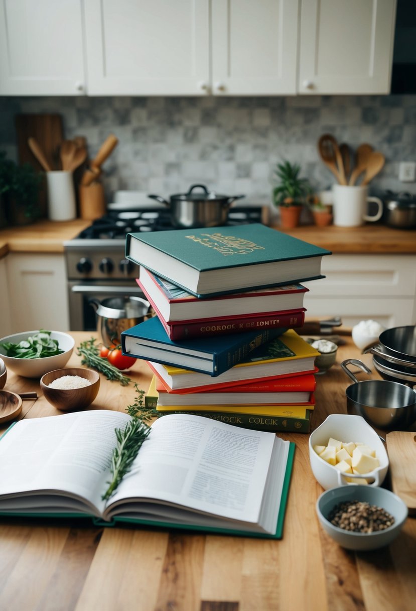 A collection of open cookbooks surrounded by various cooking utensils and ingredients on a kitchen counter