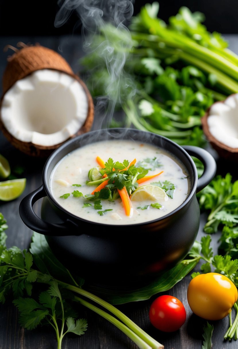 A steaming pot of Thai coconut soup surrounded by fresh vegetables and herbs