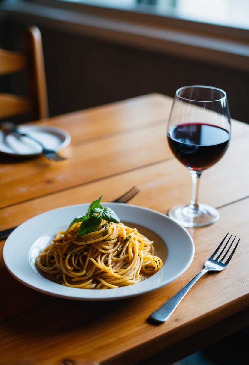 A wooden table set with a plate of spaghetti Aglio e Olio, a fork, and a glass of wine