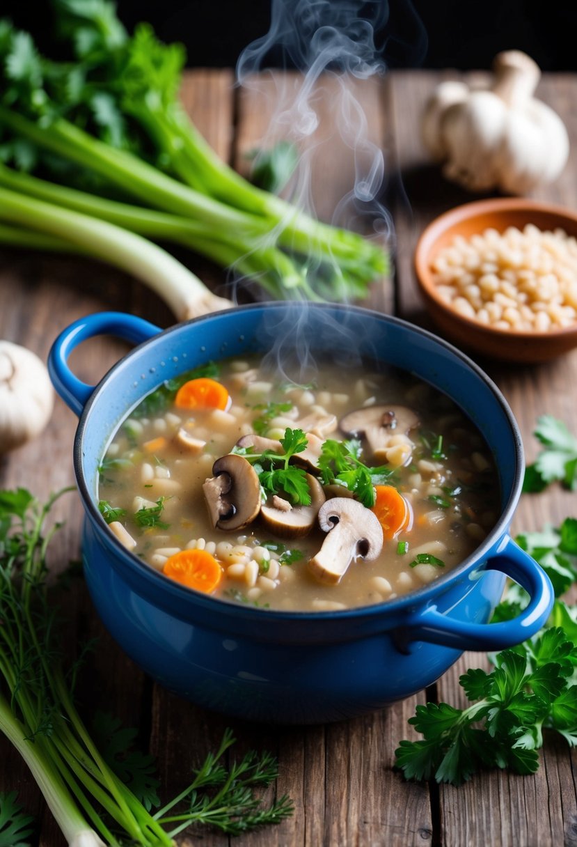 A steaming pot of mushroom barley soup surrounded by fresh vegetables and herbs on a rustic wooden table