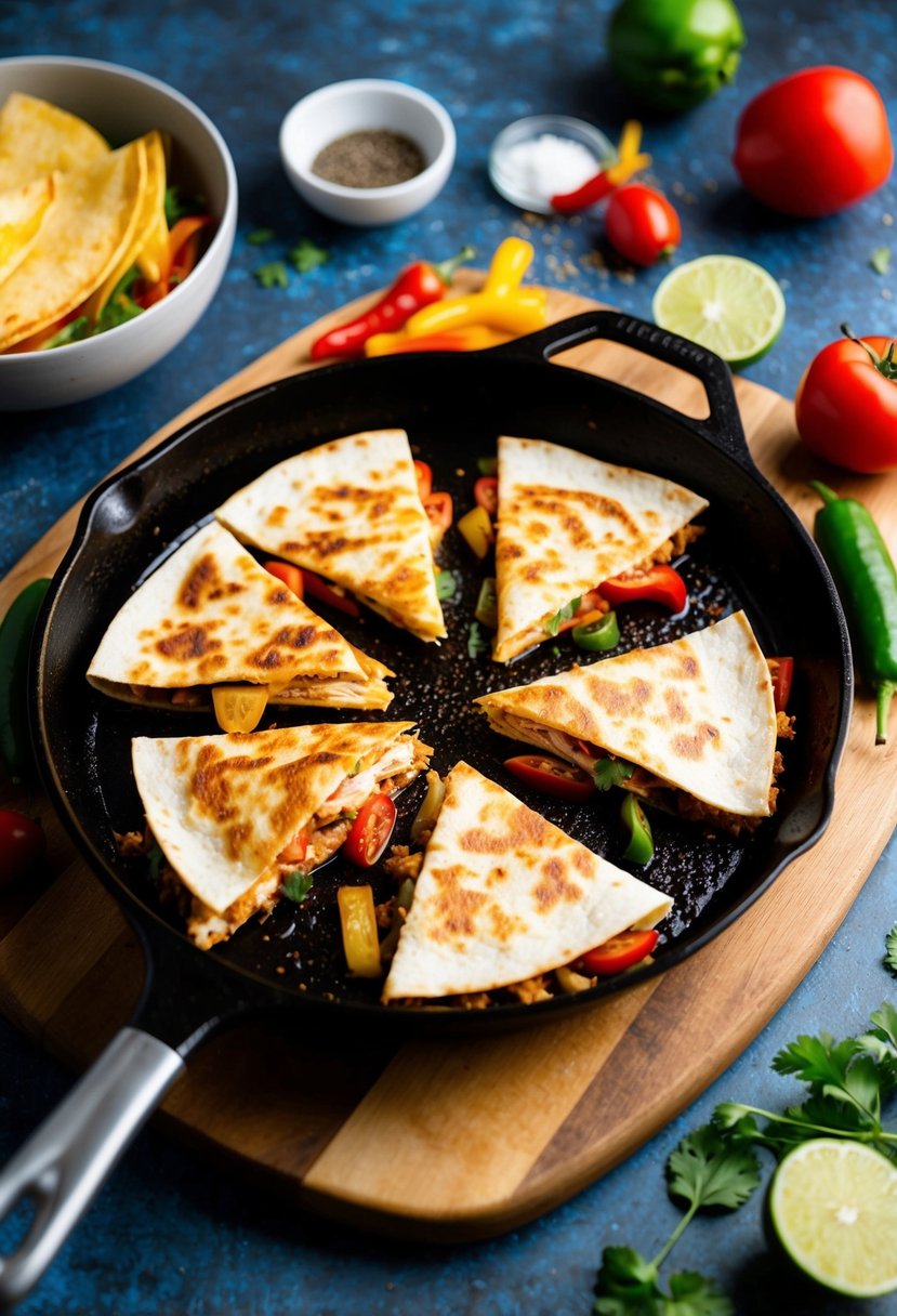 A sizzling skillet of chicken fajita quesadillas on a wooden cutting board, surrounded by colorful ingredients and spices