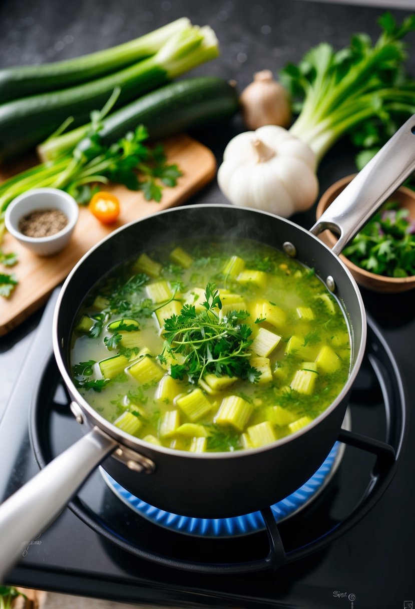 A pot of zucchini and leek soup simmers on a stovetop, surrounded by fresh vegetables and herbs