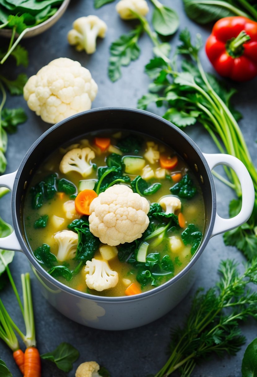 A pot of simmering cauliflower and spinach soup surrounded by fresh vegetables and herbs