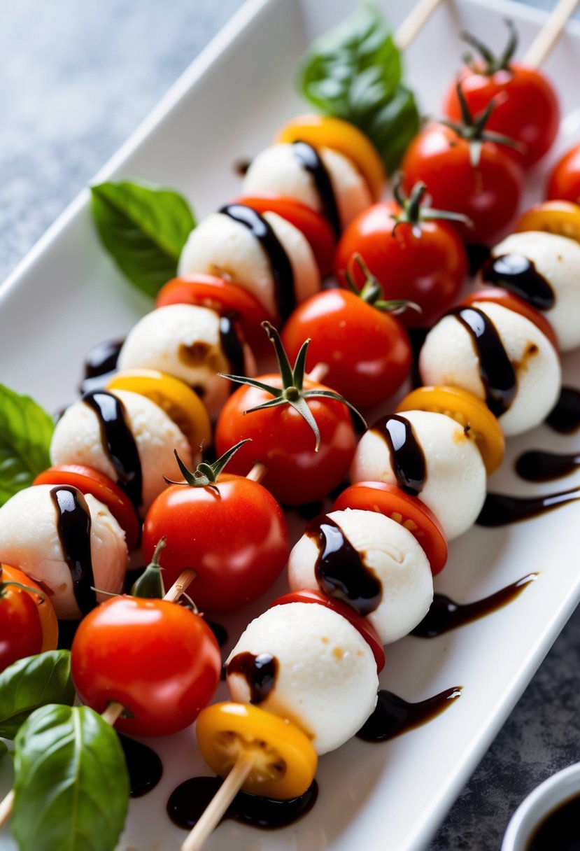 Fresh cherry tomatoes, mozzarella balls, and basil leaves stacked on skewers, drizzled with balsamic glaze on a white serving platter