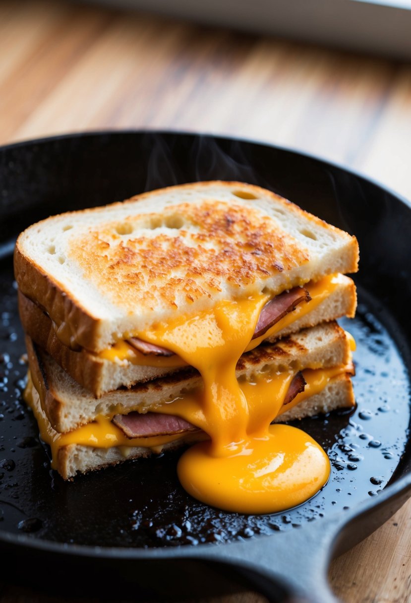 A golden-brown grilled cheese sandwich sizzling on a hot skillet, with melted cheese oozing out from the sides