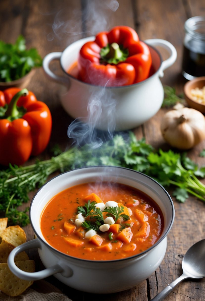 A steaming pot of roasted red pepper soup surrounded by fresh ingredients and herbs on a rustic wooden table