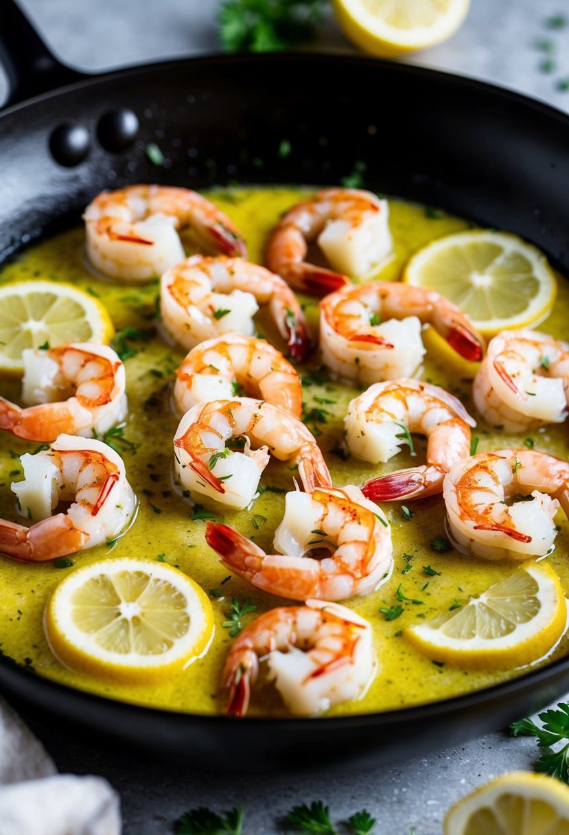 A sizzling skillet of garlic butter shrimp with herbs and lemon slices