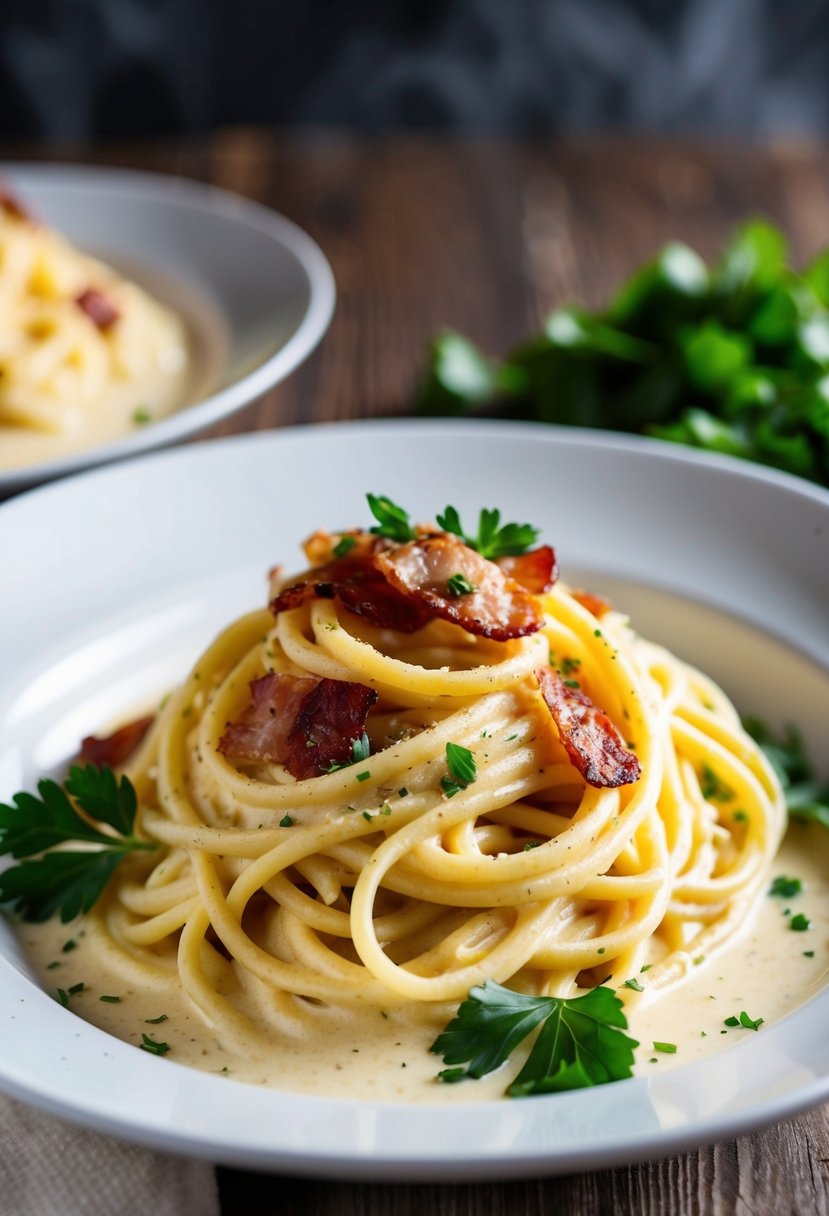 A steaming plate of Pasta Carbonara with creamy sauce, crispy bacon, and sprinkled with fresh parsley