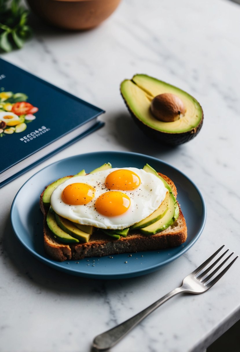 A plate with avocado toast topped with eggs, next to a recipe book