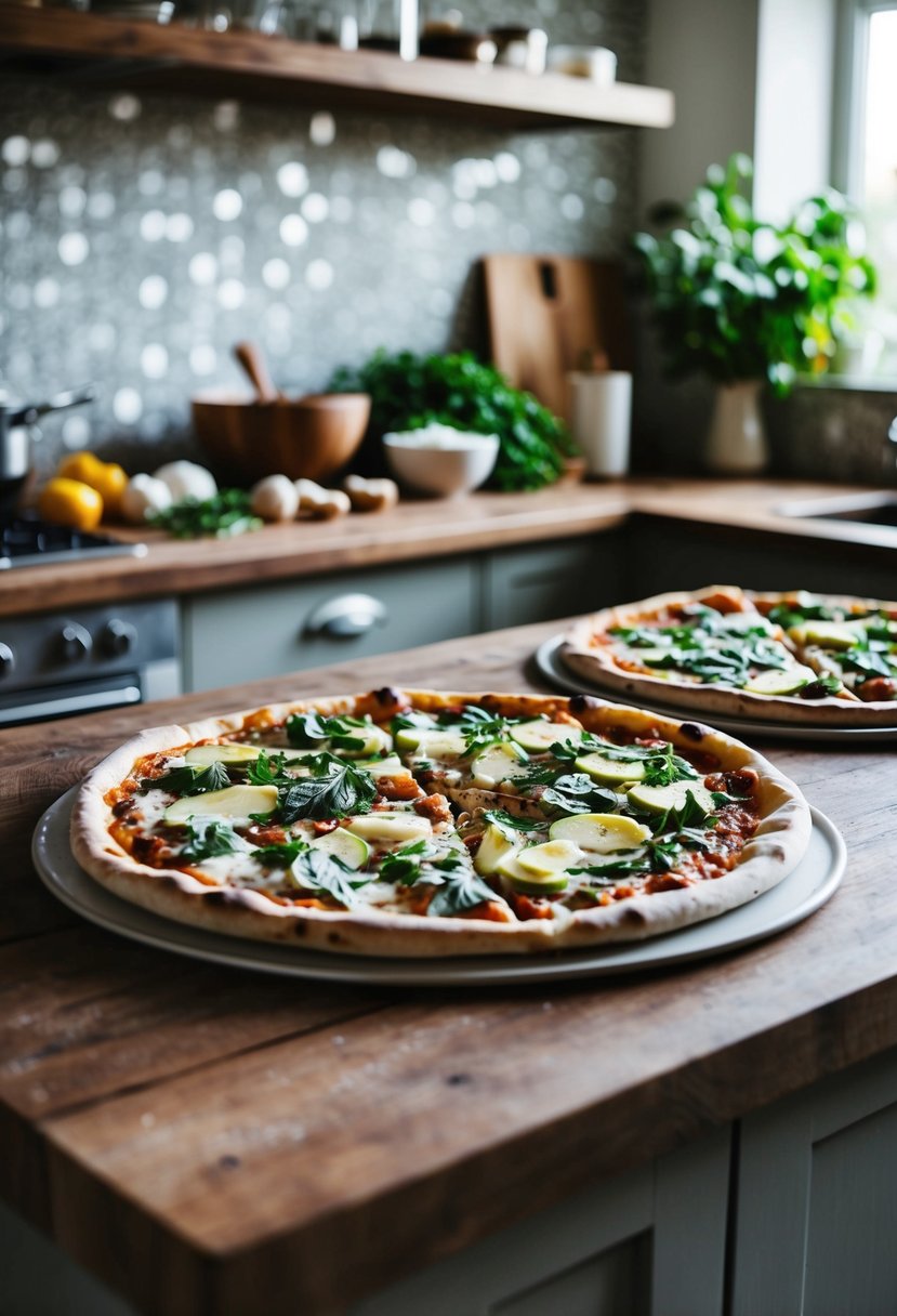 A rustic kitchen counter with fresh ingredients and a prepped margarita pizza ready to be baked