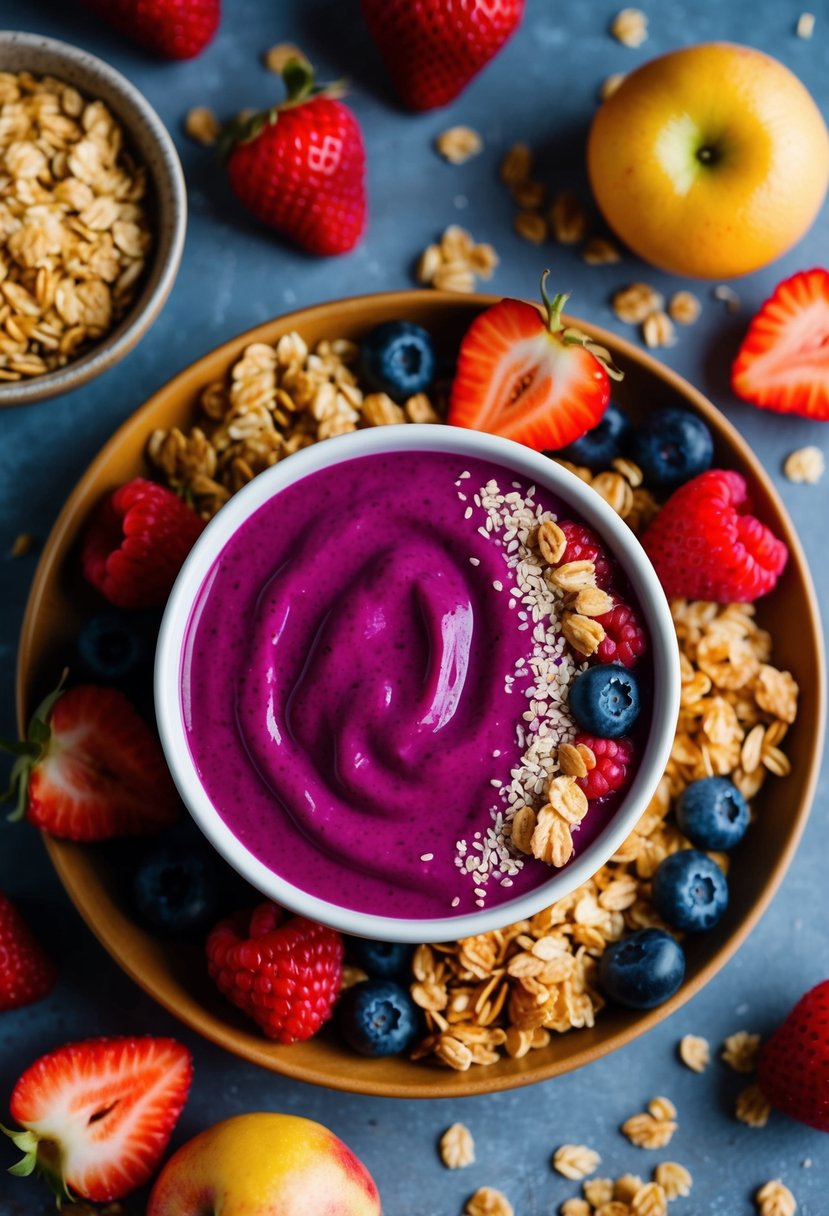 A vibrant berry smoothie bowl surrounded by fresh fruit and granola