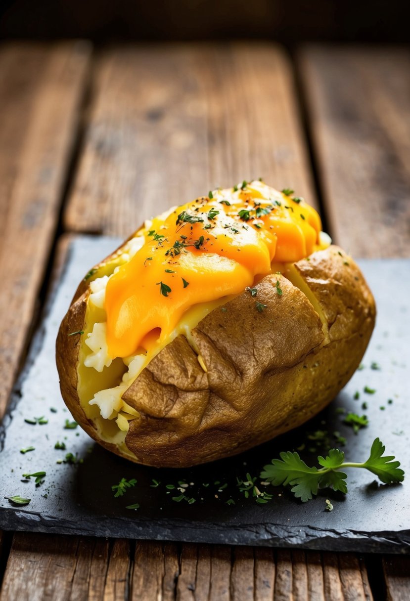 A golden baked potato topped with melted cheese and sprinkled with herbs on a rustic wooden table