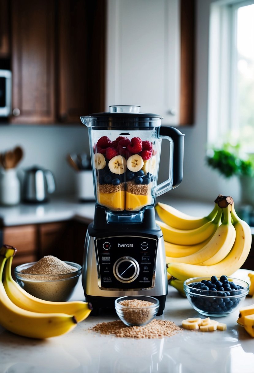 A blender surrounded by ingredients like bananas, berries, and ground flax seeds on a kitchen counter