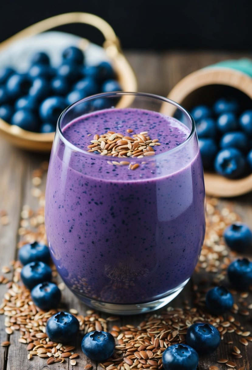 A glass filled with a vibrant blueberry flax seed smoothie, surrounded by scattered flax seeds and fresh blueberries