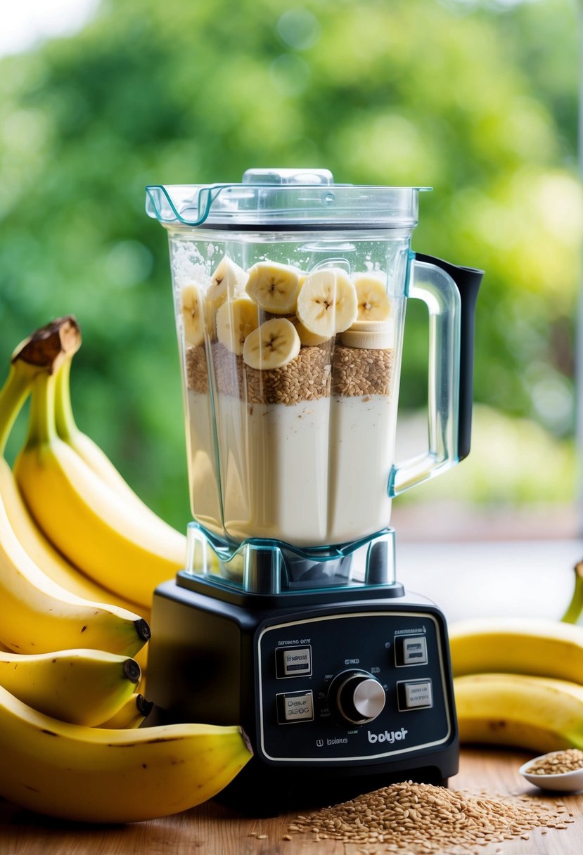 A blender filled with banana, almond milk, and ground flax seed, surrounded by fresh ingredients like bananas and flax seeds