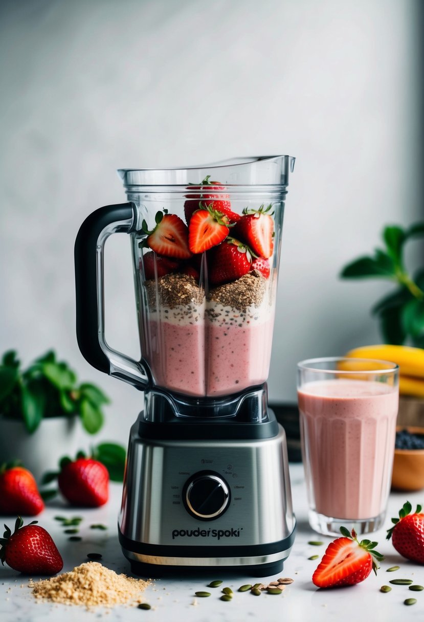 A blender filled with strawberries, flax seeds, and protein powder, surrounded by scattered ingredients and a glass filled with a creamy pink smoothie