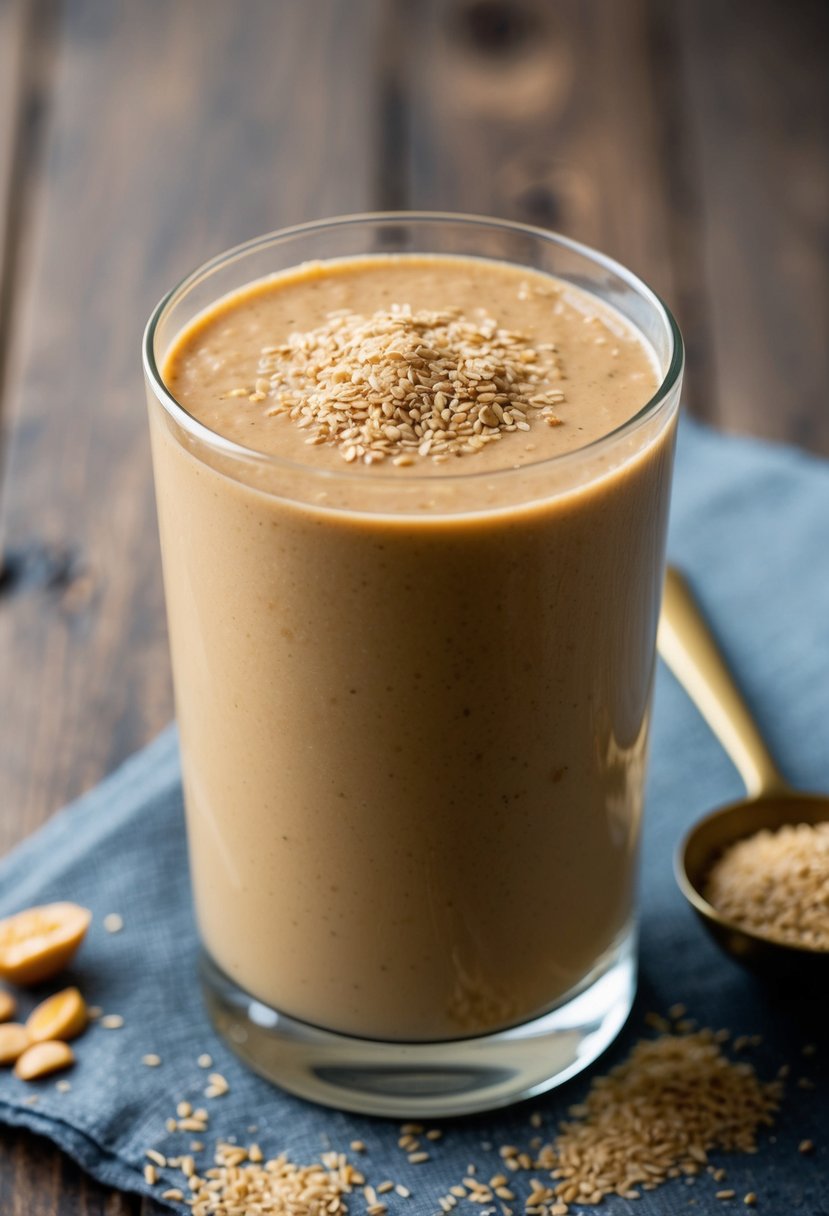 A glass filled with a creamy peanut butter flax smoothie, topped with a sprinkle of ground flax seeds