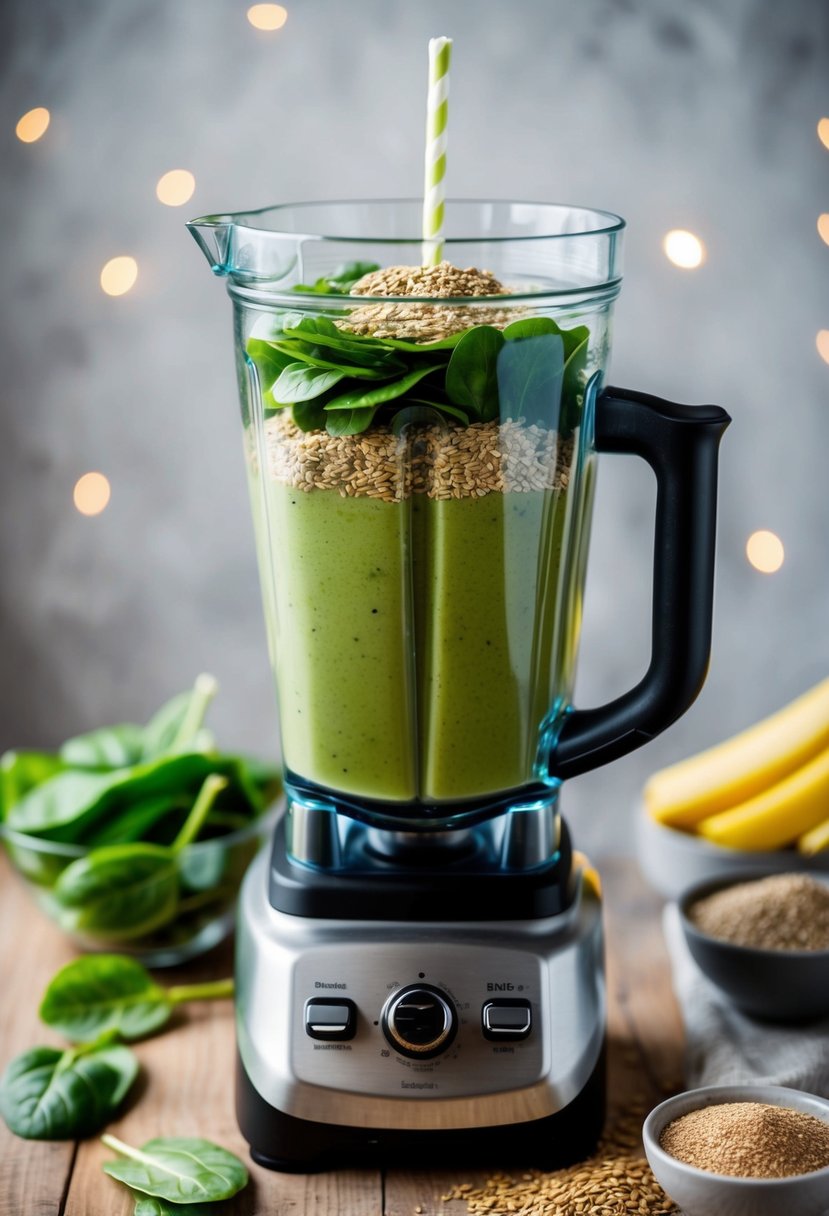 A blender filled with green spinach flax blend, ground flax seed, and other ingredients, ready to be blended into a nutritious smoothie