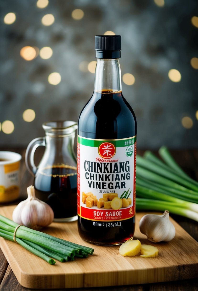 A bottle of Chinkiang vinegar surrounded by ingredients like soy sauce, ginger, garlic, and green onions on a wooden cutting board