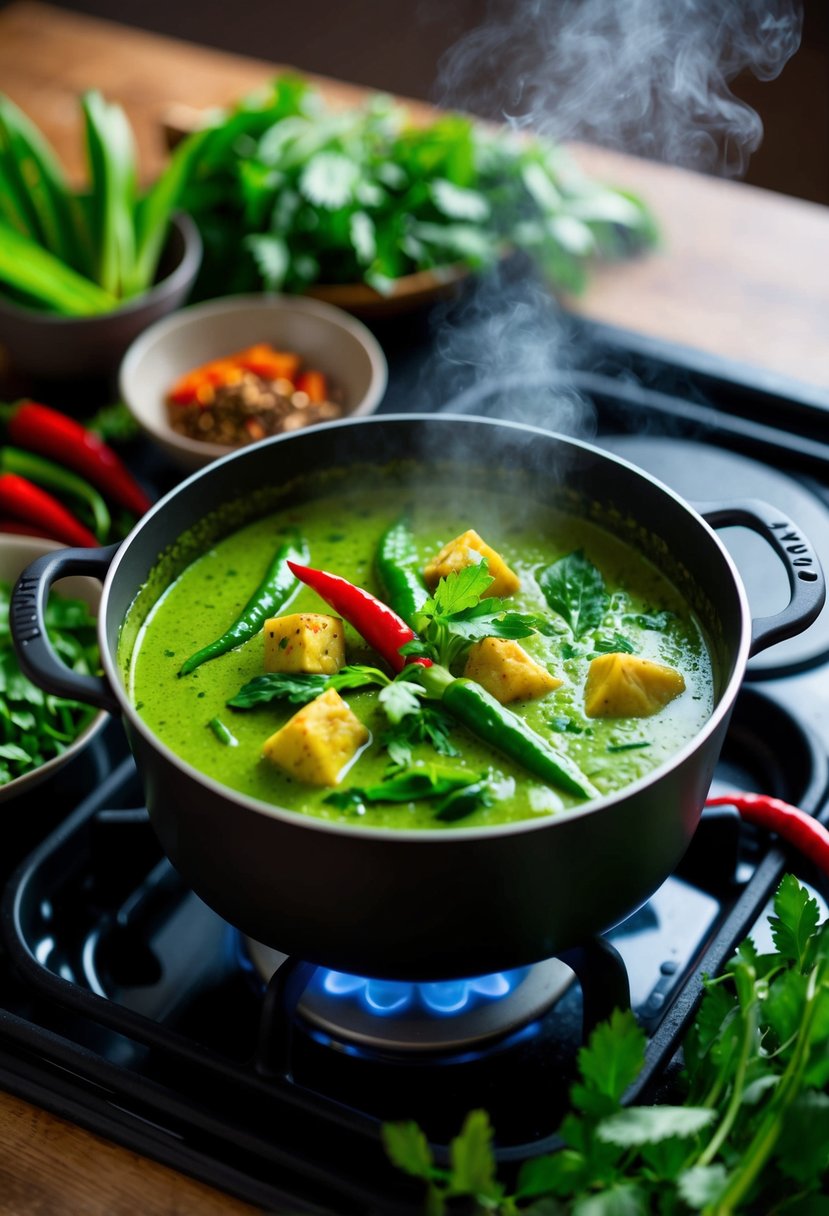 A steaming pot of Thai green curry simmers on a stove, surrounded by vibrant green herbs, red chilies, and aromatic spices