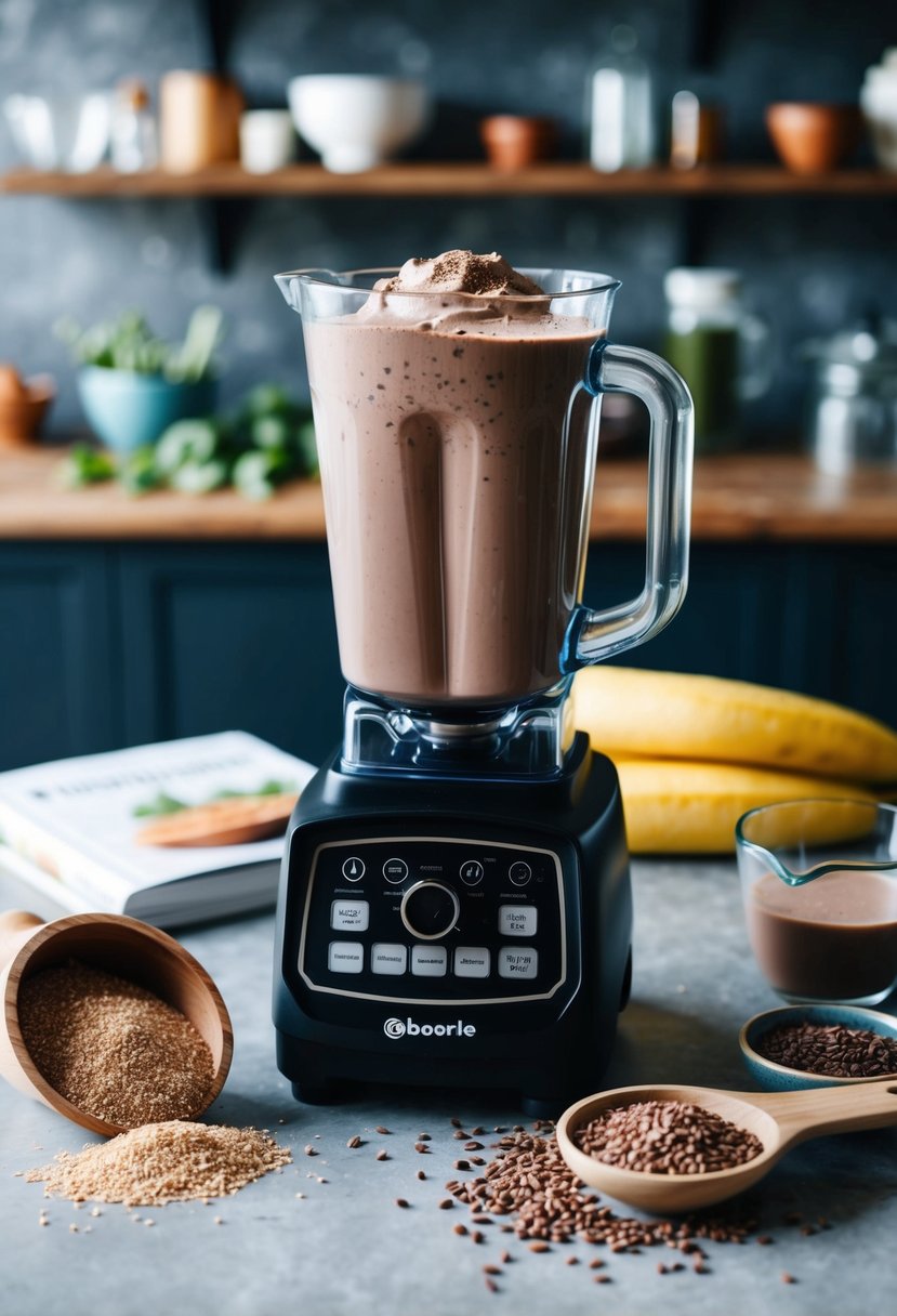 A blender filled with chocolate flax power shake surrounded by ingredients like ground flax seeds and a smoothie recipe book