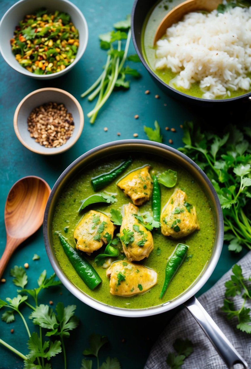 A simmering pot of Thai green curry with chicken, surrounded by vibrant green herbs and spices