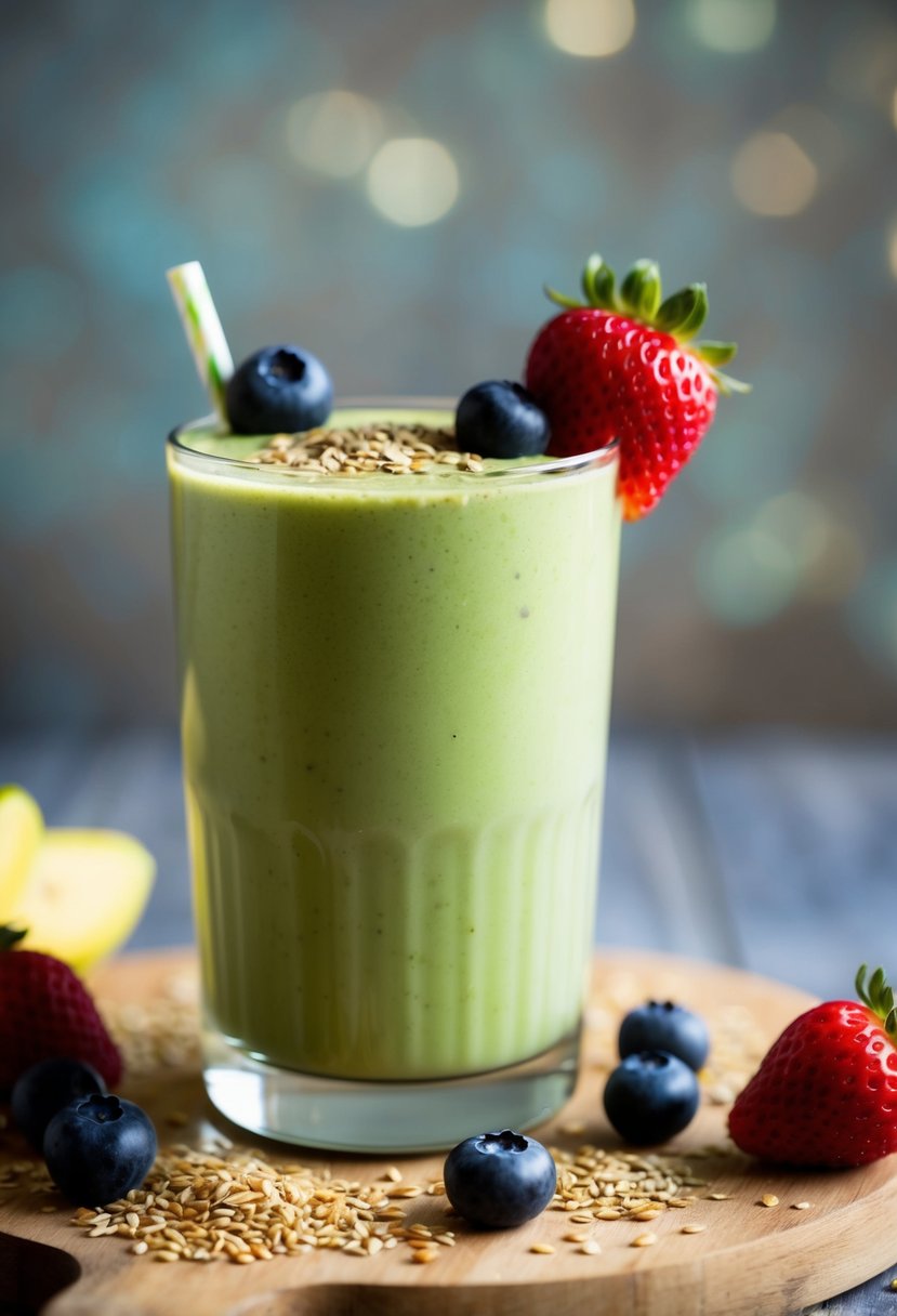 A glass filled with a creamy green smoothie topped with fresh berries and sprinkled with ground flax seeds