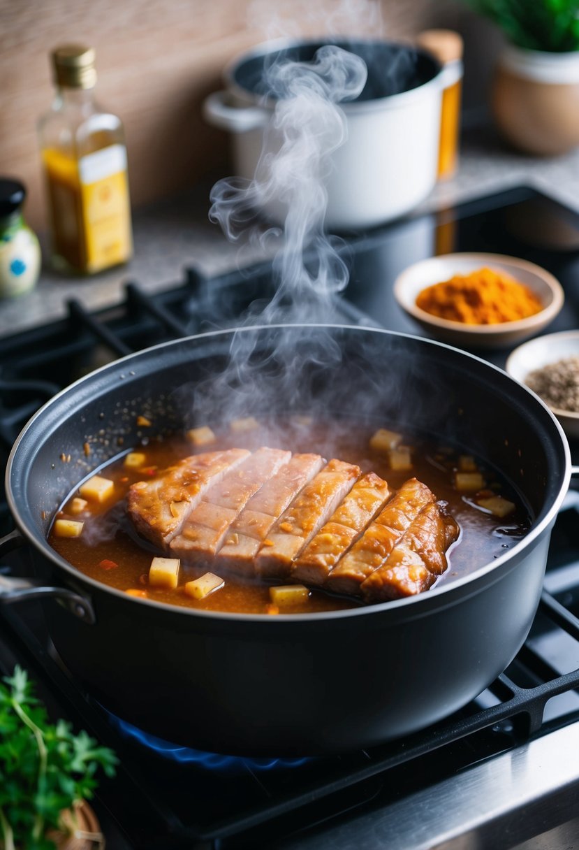 A pot of Chinkiang vinegar braised pork simmering on a stovetop, steam rising, surrounded by aromatic spices and herbs