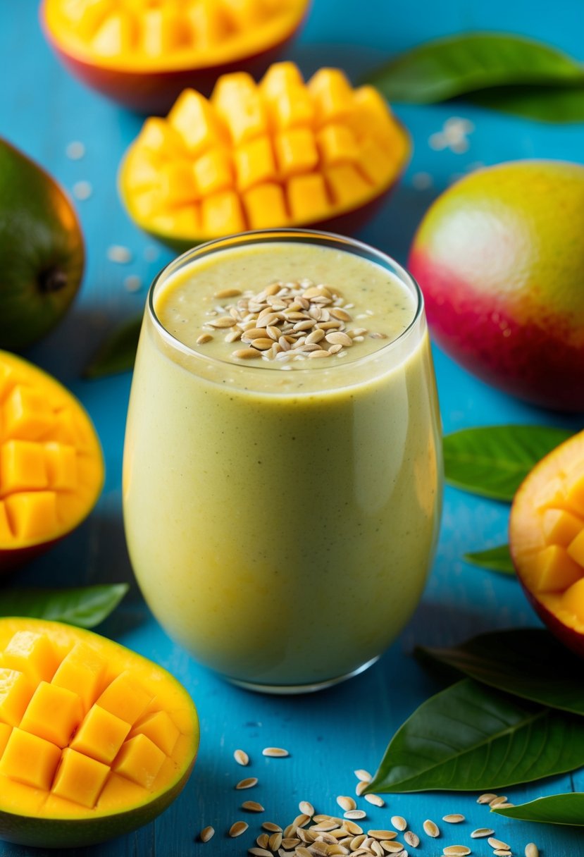 A tropical smoothie surrounded by fresh mangoes and flax seeds, with a vibrant and refreshing atmosphere